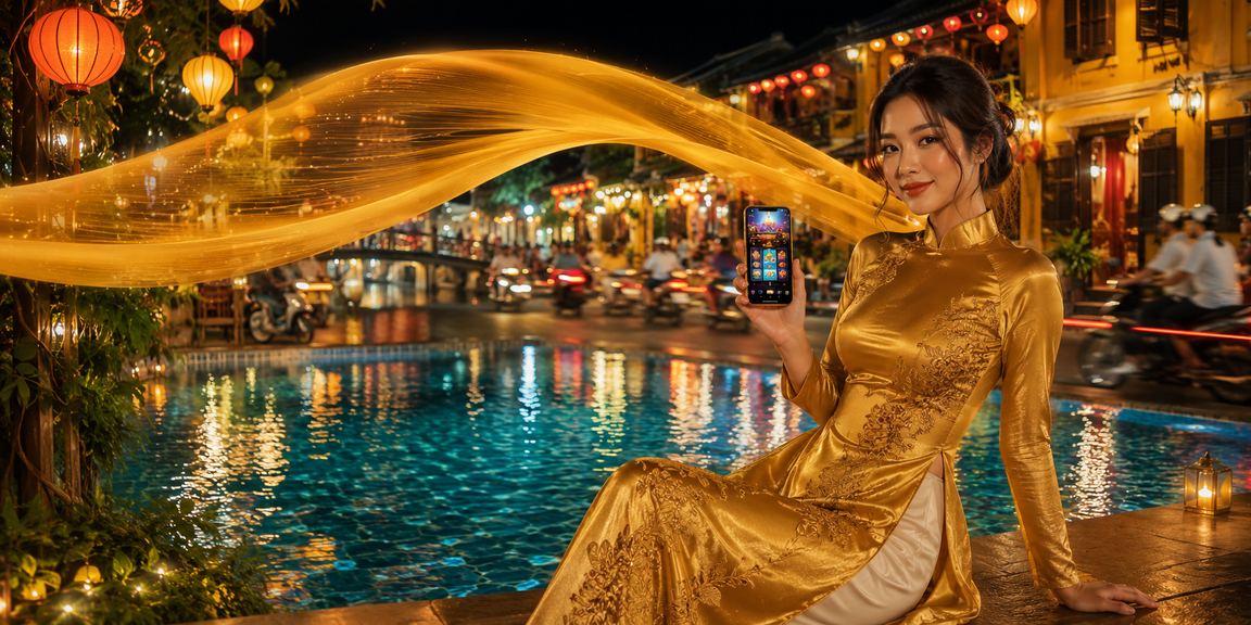 Phụ nữ mặc áo dài sử dụng ứng dụng casino trực tuyến tại Hội An
