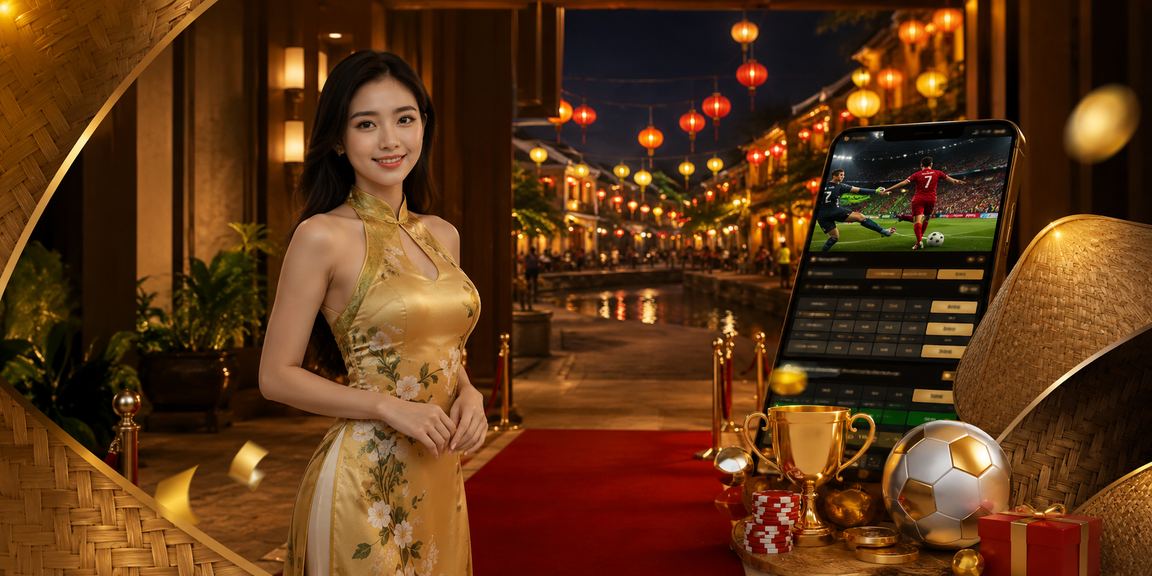 Khung cảnh Hội An thanh bình với người dùng đang xem thông tin thể thao và kèo cược trực tuyến